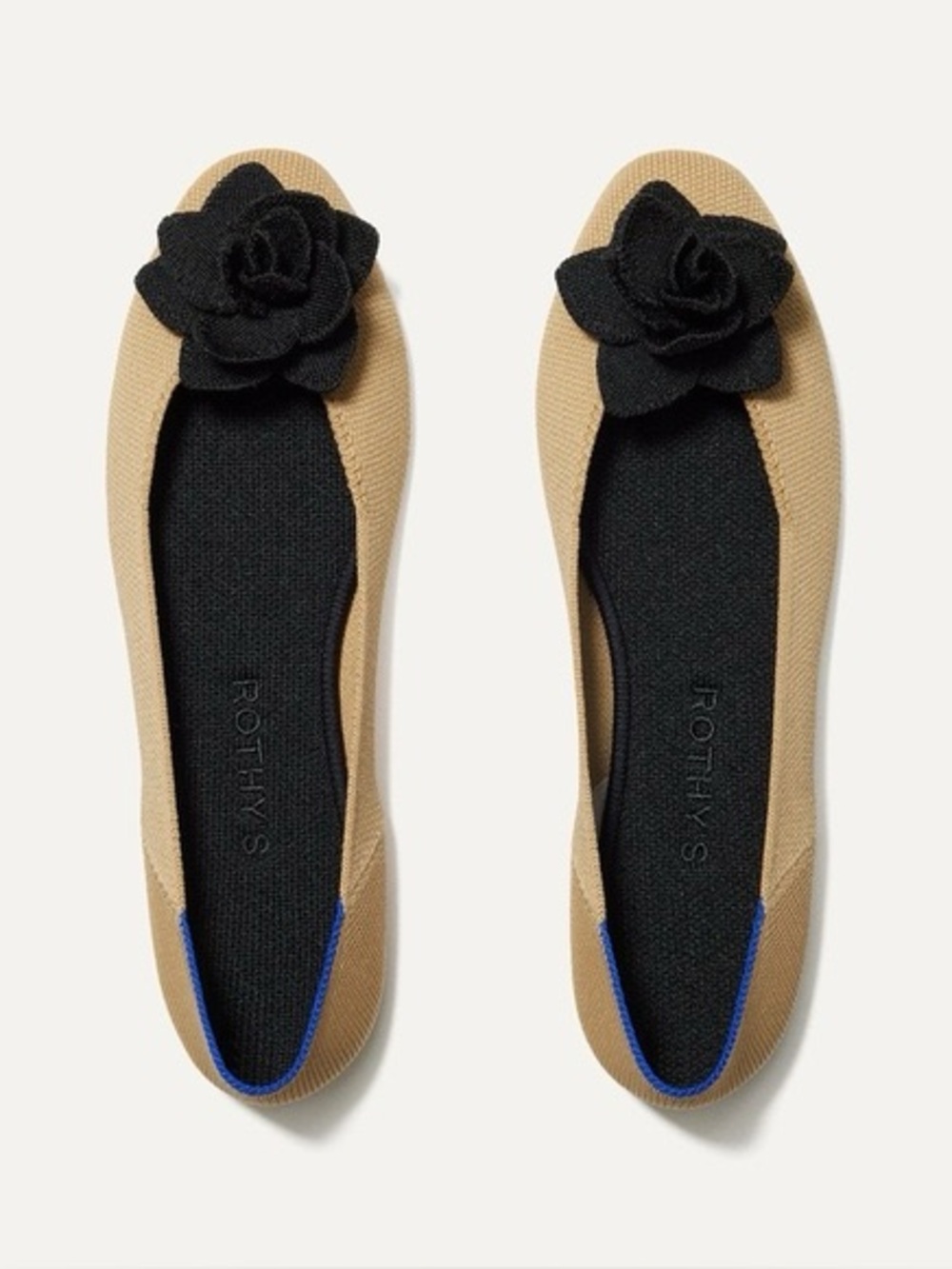 Rothy's Petal  Beige Ballet Flat with Black Flower size 8